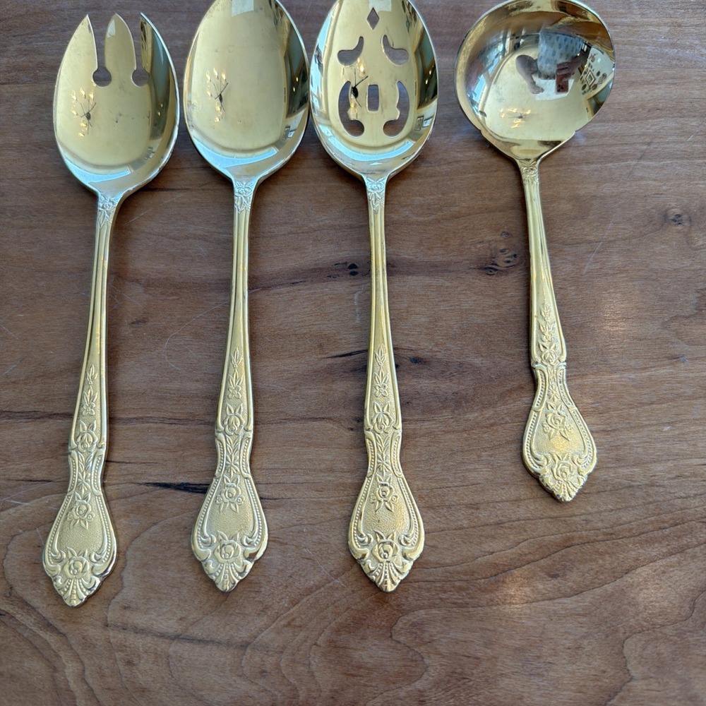 4 Pc Rogers Serving Pieces Gold Plated Pavilion Flatware‎ Stainless Korea